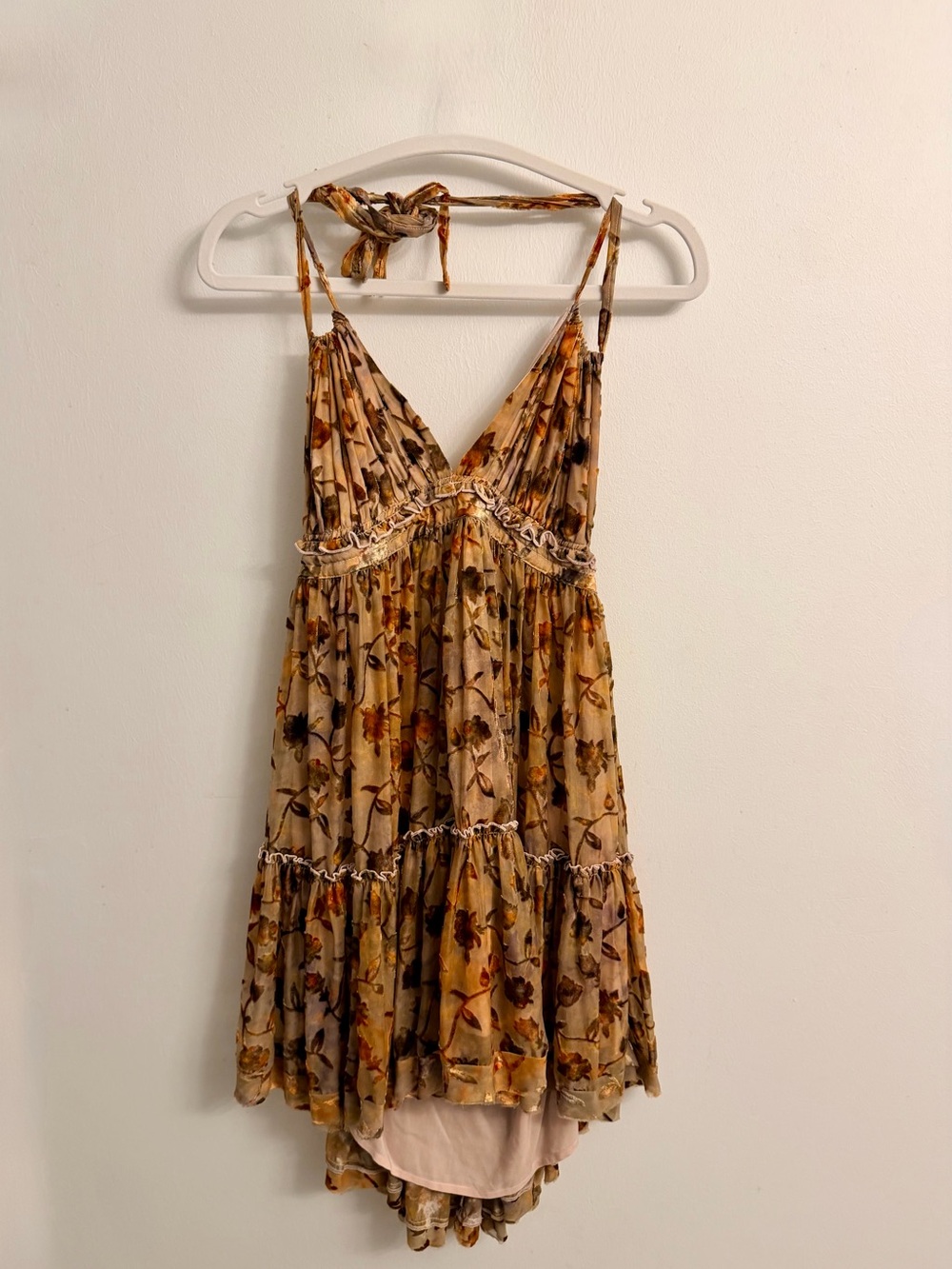 NWT $198 Free People Beige & Brown Leaves Low Back Tiered Halterdress